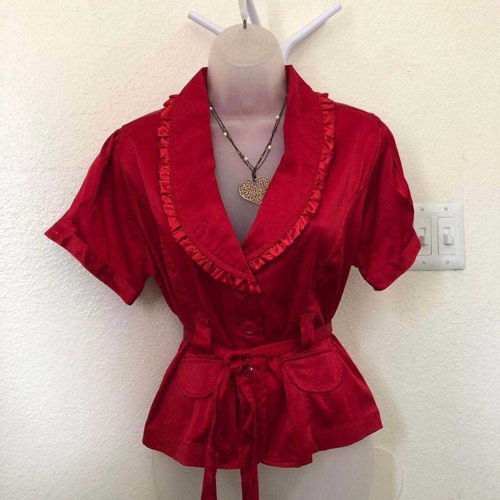Y2K Romantic Goth Coquette ruffle button blazer blouse shirt belted babydoll